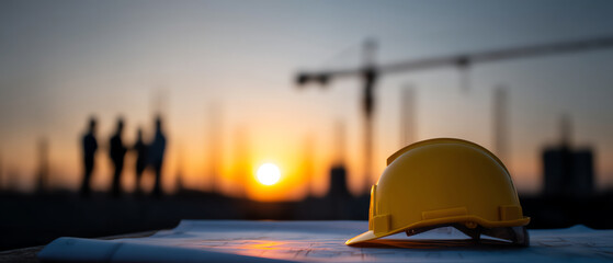Yellow construction helmet on blueprints with a sunset background and blurred silhouettes of workers and cranes at a construction site