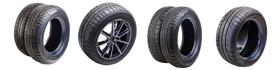 High performance car tires with different treads isolated on transparent background