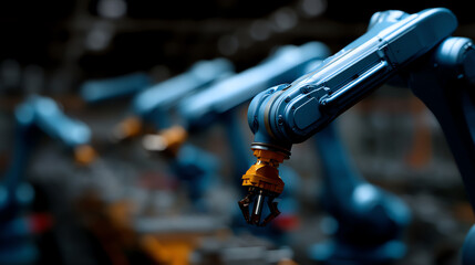 Industrial robotic arms with mechanical grippers in a factory setting, showcasing automation and precision technology for manufacturing processes