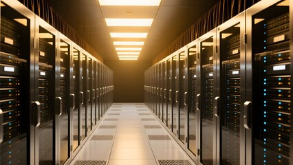 A row of server racks in an internet data center