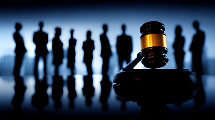 Judge's gavel in sharp focus with a blurred group of business people standing in the background, symbolizing law, justice, and corporate decision-making