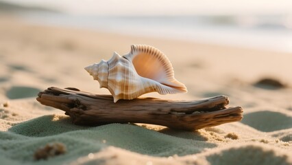 A seashell on wood against sand