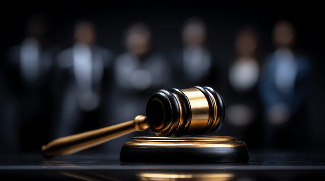A golden and black judge's gavel rests on a sound block with blurred figures in business attire standing in the background, symbolizing law, justice, and legal authority