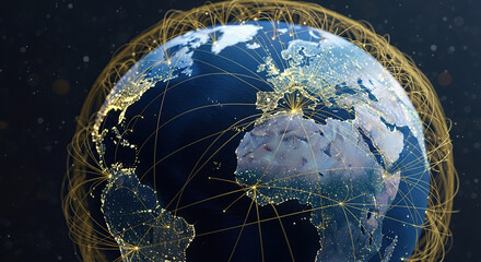 Earth with Glowing Network Lines Connecting Cities Across Continents planet globe