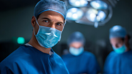Confident surgeon wearing a mask and scrub cap, standing in an operating room with surgical lights and blurred medical staff in the background during a procedure