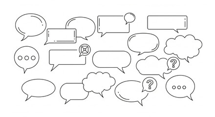 Fototapeta premium A collection of outlined speech bubbles and thought clouds in various shapes and sizes, some with question marks or ellipses.