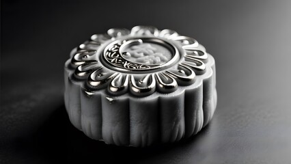 A silver moon cake with intricate patterns