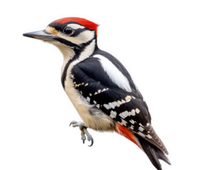 A captivating great spotted woodpecker isolated on transparent background, displaying its striking black and white feathers, vibrant red cap, and alert posture on a branch