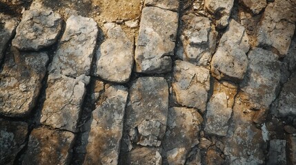 Detailed texture of worn-out stone blocks, showcasing natural ruggedness and weathered surface patterns, ideal for backgrounds and architectural design elements