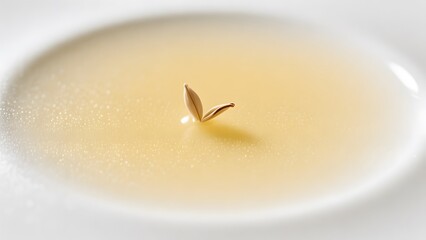 A single flower petal is floating in some liquid on a plate