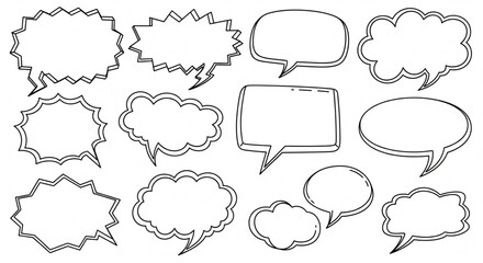 Collection of hand-drawn speech bubbles in various shapes, outlined in black, isolated on a white background.
