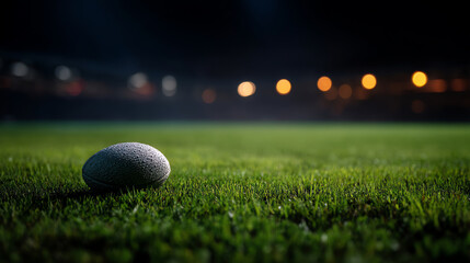 A close-up of a rugby ball on a dewy grass field at night, with blurred stadium lights glowing softly in the background