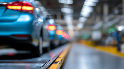 Blue cars with illuminated taillights are aligned on a conveyor belt inside a brightly lit automotive manufacturing facility