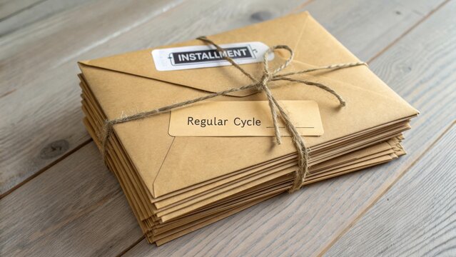 Stacked Envelopes with Installment Label for Regular Cycle Payments in an Organized Setting on Wooden Surface