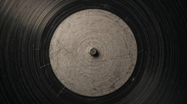 Close-up of a weathered and scratched vintage vinyl record, showcasing its detailed texture and nostalgic grooves