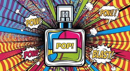 Pop Art Perfume Bottle With Comic Book Style Explosions.