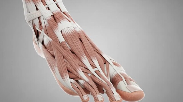 Detailed anatomical illustration of the human foot showing muscles, tendons, and bones in a medical context.