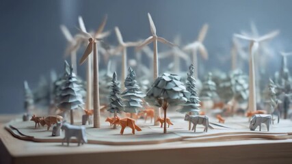 Miniature paper animals graze among origami trees and wind turbines
