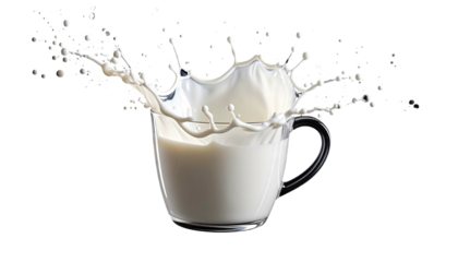 Milk splash in a glass mug.  A large milk splash erupts from a clear glass mug filled with white milk against a black background.  The splash is dynamic and shows the liquid in motion