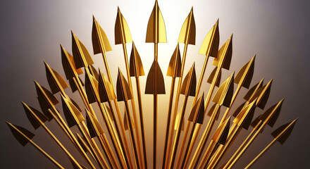 Fan of Golden Arrows Pointing Upwards Against a Gradient Background fletching sharp