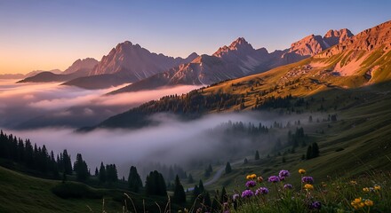 Majestic mountain landscape with fog and sunrise in the Alps.