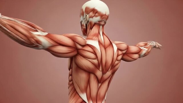 Detailed anatomical view of the human back muscles, showcasing the complex muscular structure and physiology.