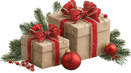 Christmas gift boxes with red baubles and garland isolated on transparent background png red and green presents with ribbons holiday decor for greeting cards banners and mockups