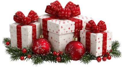 Christmas gift boxes with red baubles and garland isolated on transparent background png red and green presents with ribbons holiday decor for greeting cards banners and mockups
