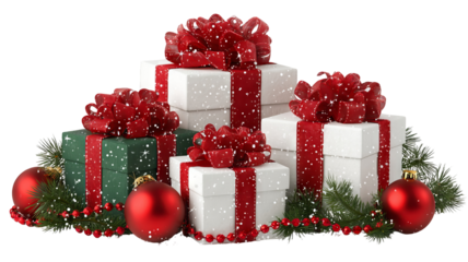 Christmas gift boxes with red baubles and garland isolated on transparent background png red and green presents with ribbons holiday decor for greeting cards banners and mockups
