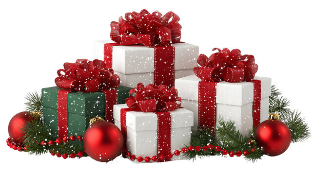 Christmas gift boxes with red baubles and garland isolated on transparent background png red and green presents with ribbons holiday decor for greeting cards banners and mockups
- Powered by Adobe