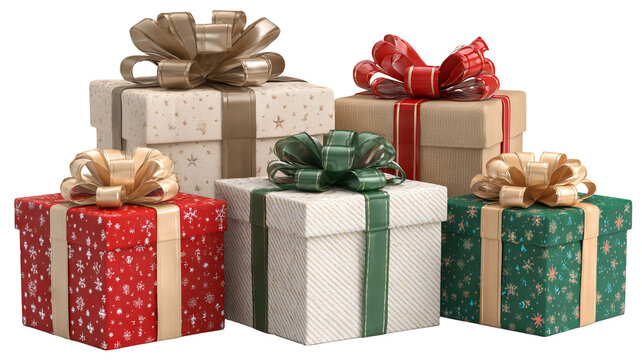 Christmas gift boxes with satin bows isolated on transparent background high resolution png festive present pile for holiday design greeting cards web banners ecommerce mockups and clipart