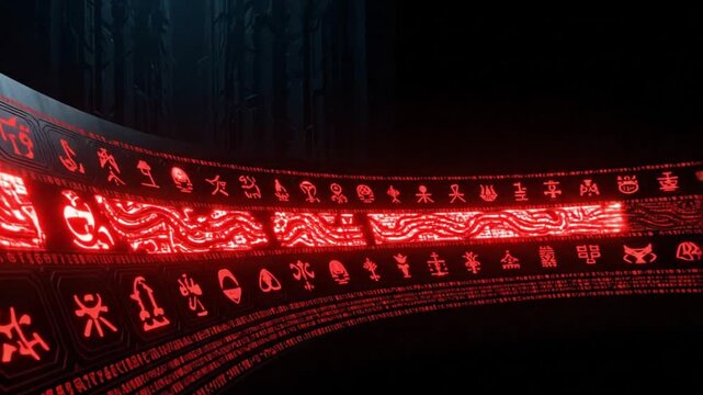 Hypnotic red glowing symbols undulate across a dark, mysterious void, suggesting encrypted digital information, arcane knowledge, or an unknown technological language