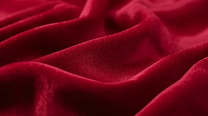 Luxurious red velvet fabric background with elegant, soft folds and deep shadows, showcasing a rich, plush textile texture for design
