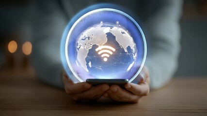 Person Holding Smartphone Displaying Digital Globe and Wifi Symbol in Illuminated Circle on Wooden Table - Powered by Adobe