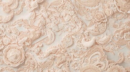 Pastel colored vintage lace fabric creating an elegant and romantic floral pattern with intricate textures and soft shadows