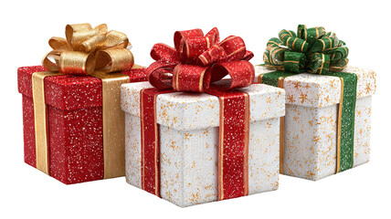 Christmas gift boxes with satin bows isolated on transparent background high resolution png festive present pile for holiday design greeting cards web banners ecommerce mockups and clipart