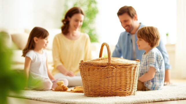 Family enjoying a cozy indoor picnic with a wicker basket, children playing, and laughter filling the room