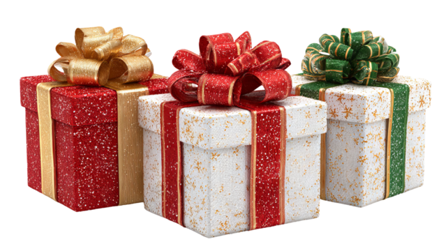 Christmas gift boxes with satin bows isolated on transparent background high resolution png festive present pile for holiday design greeting cards web banners ecommerce mockups and clipart - Powered by Adobe