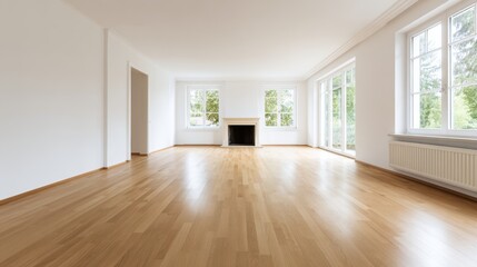 Spacious, empty living room with wooden flooring, large windows, and natural light flooding in