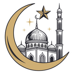 Illustration of a mosque with a crescent moon and star