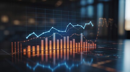 Dynamic financial data visualization with glowing lines and bars showing growth trends and market analysis in a modern, professional setting