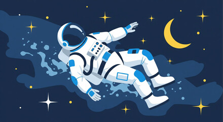 An astronaut floats weightlessly in the vast, dark expanse of outer space, near a crescent moon.