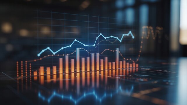 Dynamic financial data visualization with glowing lines and bars showing growth trends and market analysis in a modern, professional setting