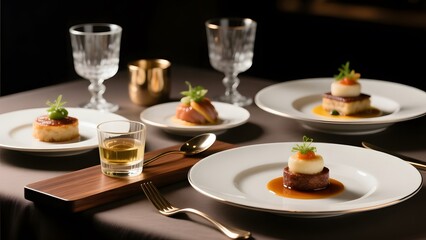 A table filled with elegantly plated dishes and wine glasses