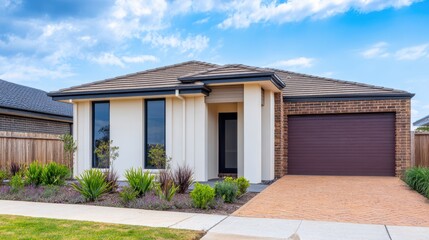 Modern suburban house with landscaped garden, clear blue sky, and driveway in a peaceful neighborhood