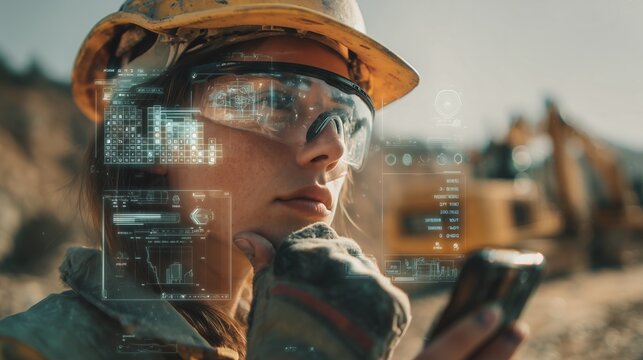 Construction worker with digital interface overlay uses phone at a construction site with heavy machinery in the background. Concept for advanced site management and construction innovation
