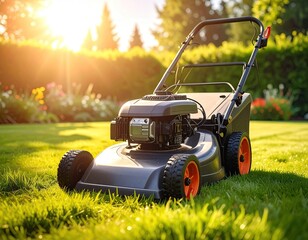 Lawn Mower on Green Grass with Sun Flare in Summer Garden Equipment for Lawn Care and Gardening Outdoor Power Tool Maintenance Machine Sunny