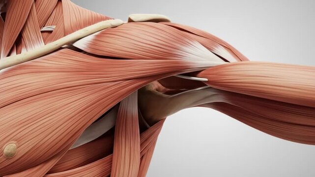 Detailed anatomical illustration of the human shoulder joint, showing muscles, tendons, and bones.