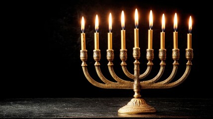 Fototapeta premium Elegant Menorah with Nine Lit Candles Illuminates Dark Background for Hanukkah Celebration