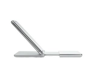 Sleek, silver, foldable device case with a small rectangular module